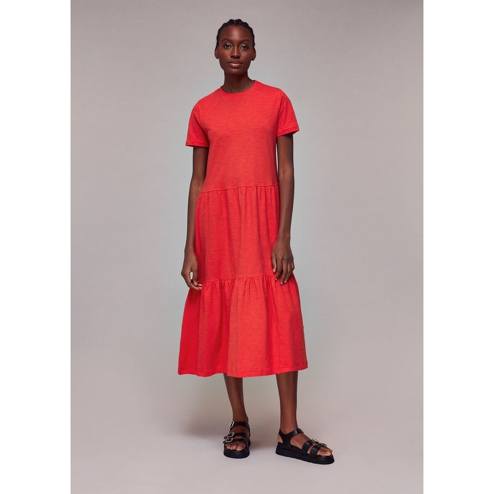 WHISTLES Tiered Jersey Midi Dress Sz 4 Red Stretch Knit Short Sleeve 100% Cotton